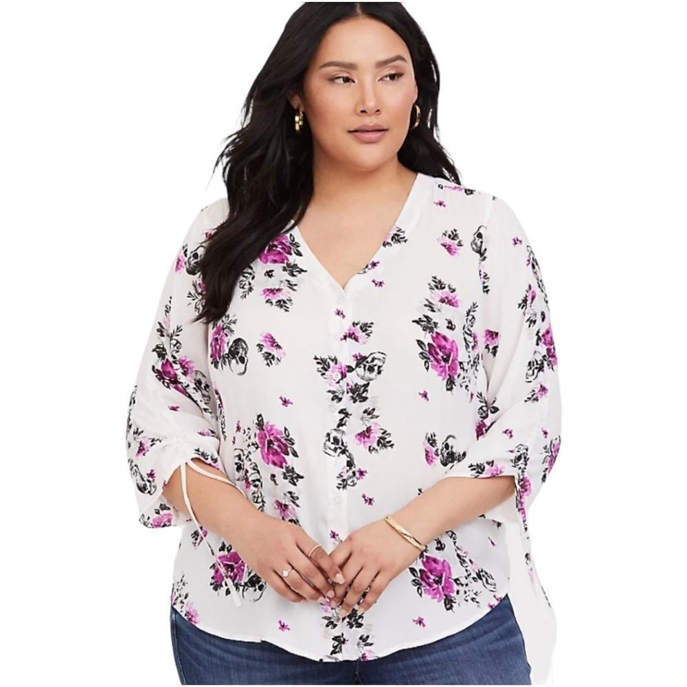 TORRID Size large v-neck tie -up longsleeve sheer floral Skull detail blouse - Picture 8 of 14